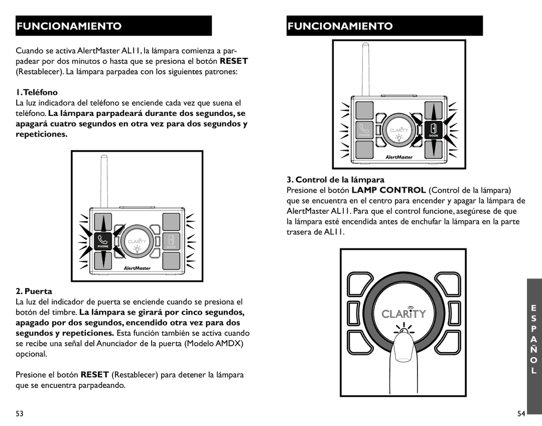 Clarity AL11 manual Funcionamiento, Teléfono, Puerta, Control de la lámpara 