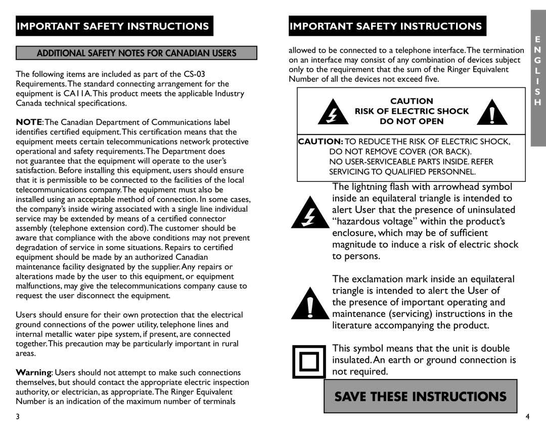 Clarity AL11 manual Additional Safety Notes for Canadian Users, Risk of Electric Shock Do not Open 