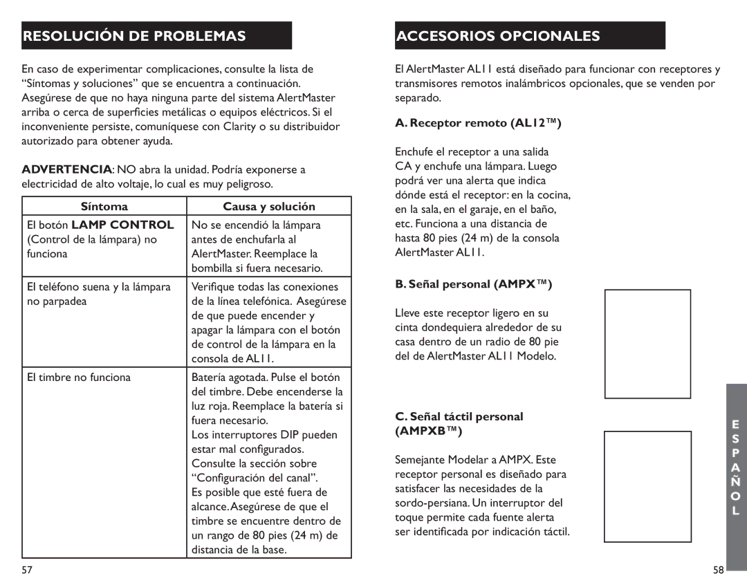 Clarity AL11 manual Resolución DE Problemas, Accesorios Opcionales, Síntoma Causa y solución El botón Lamp Control 