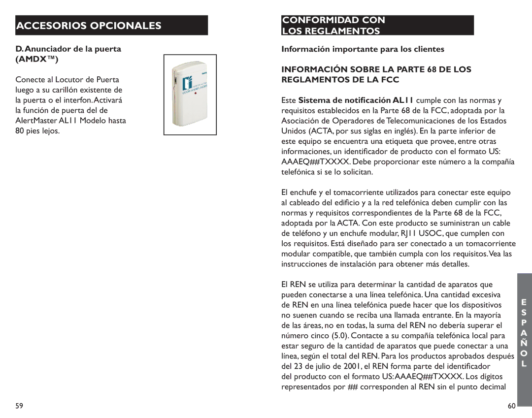 Clarity AL11 manual Conformidad CON LOS Reglamentos, Anunciador de la puerta Amdx, Información importante para los clientes 