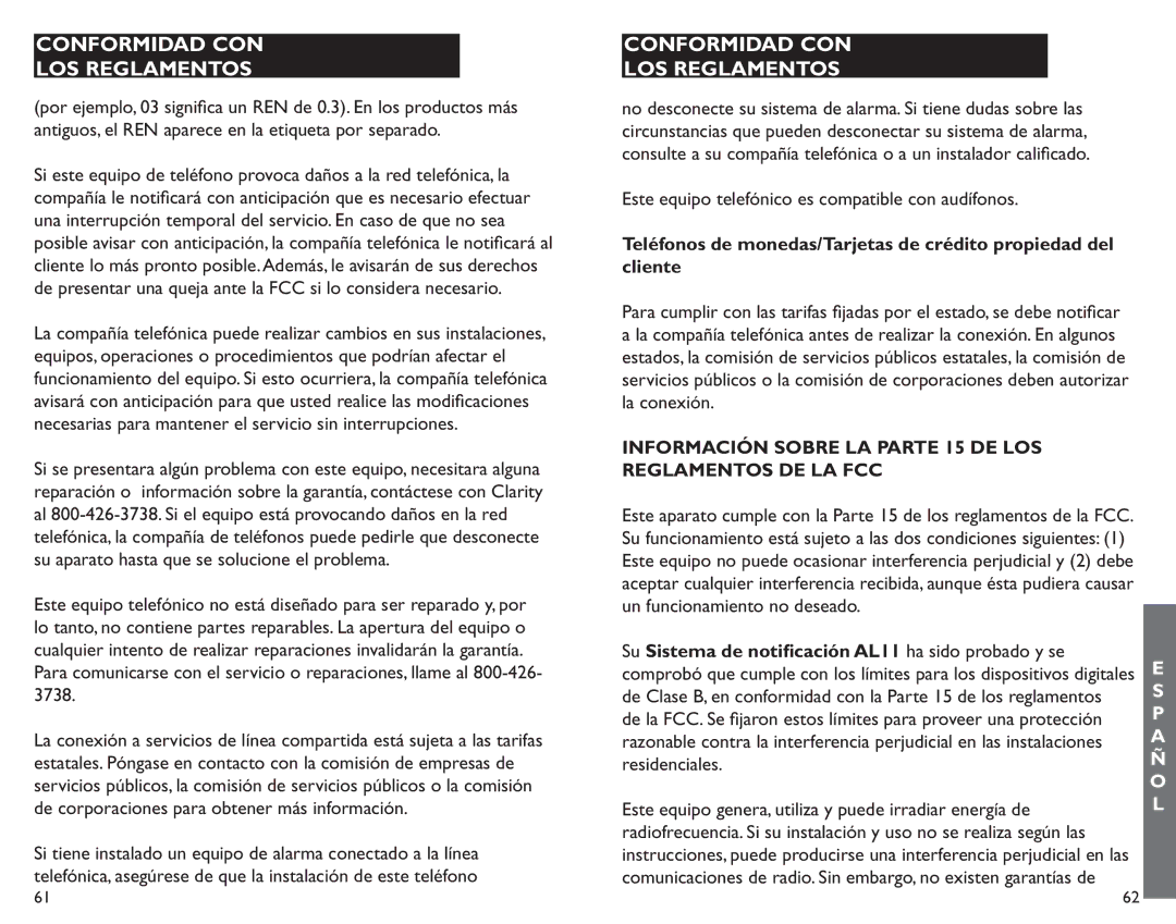 Clarity AL11 manual Información Sobre LA Parte 15 DE LOS Reglamentos DE LA FCC 