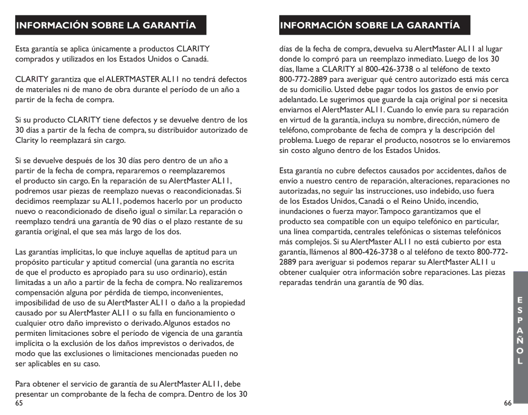 Clarity AL11 manual Información Sobre LA Garantía 