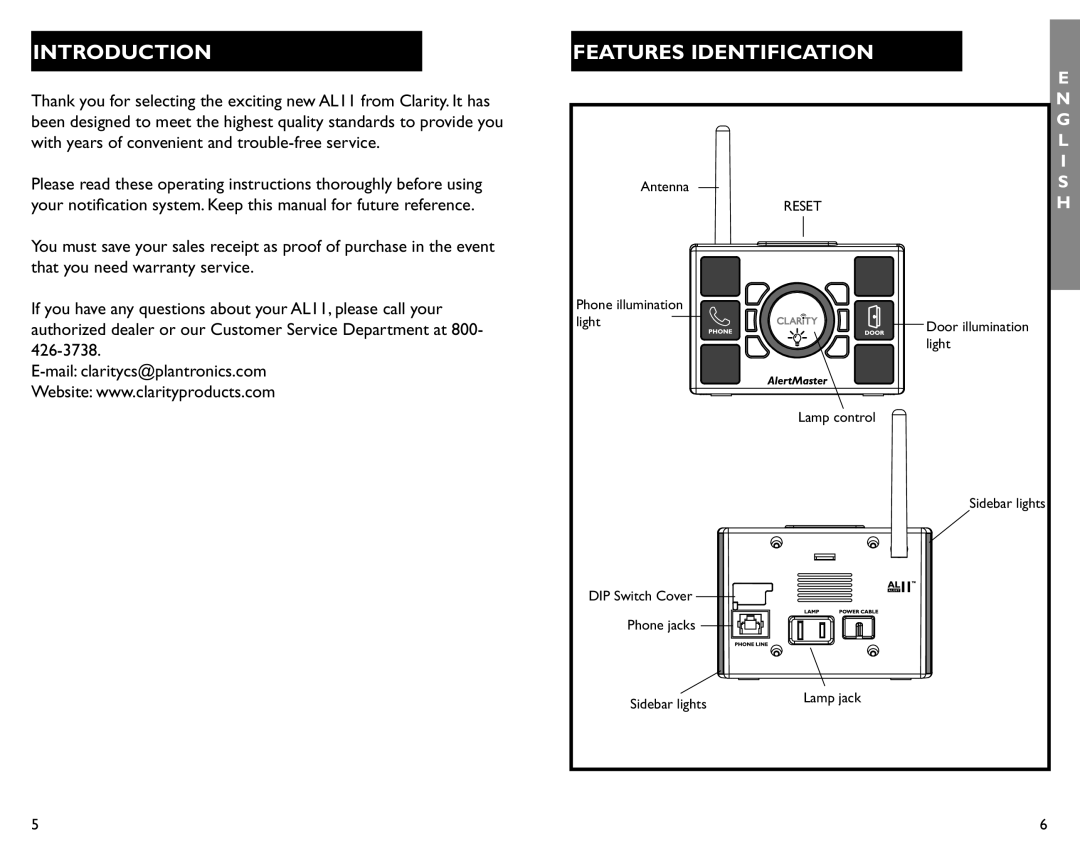 Clarity AL11 manual Introduction, Features Identification 