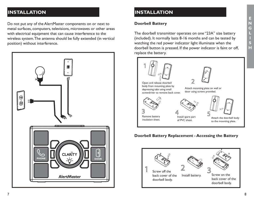 Clarity AL11 manual Installation, Doorbell Battery Replacement Accessing the Battery 