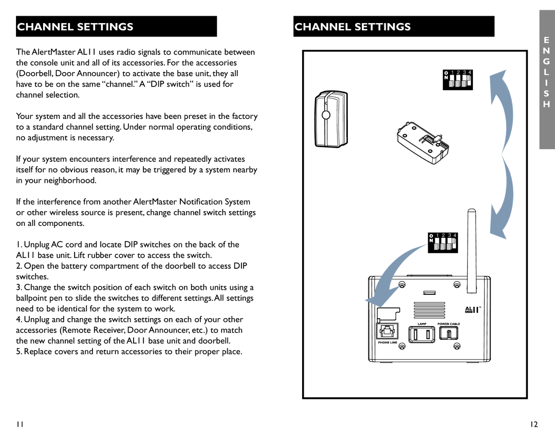 Clarity AL11 manual Channel Settings, DIP switches on back of doorbell 