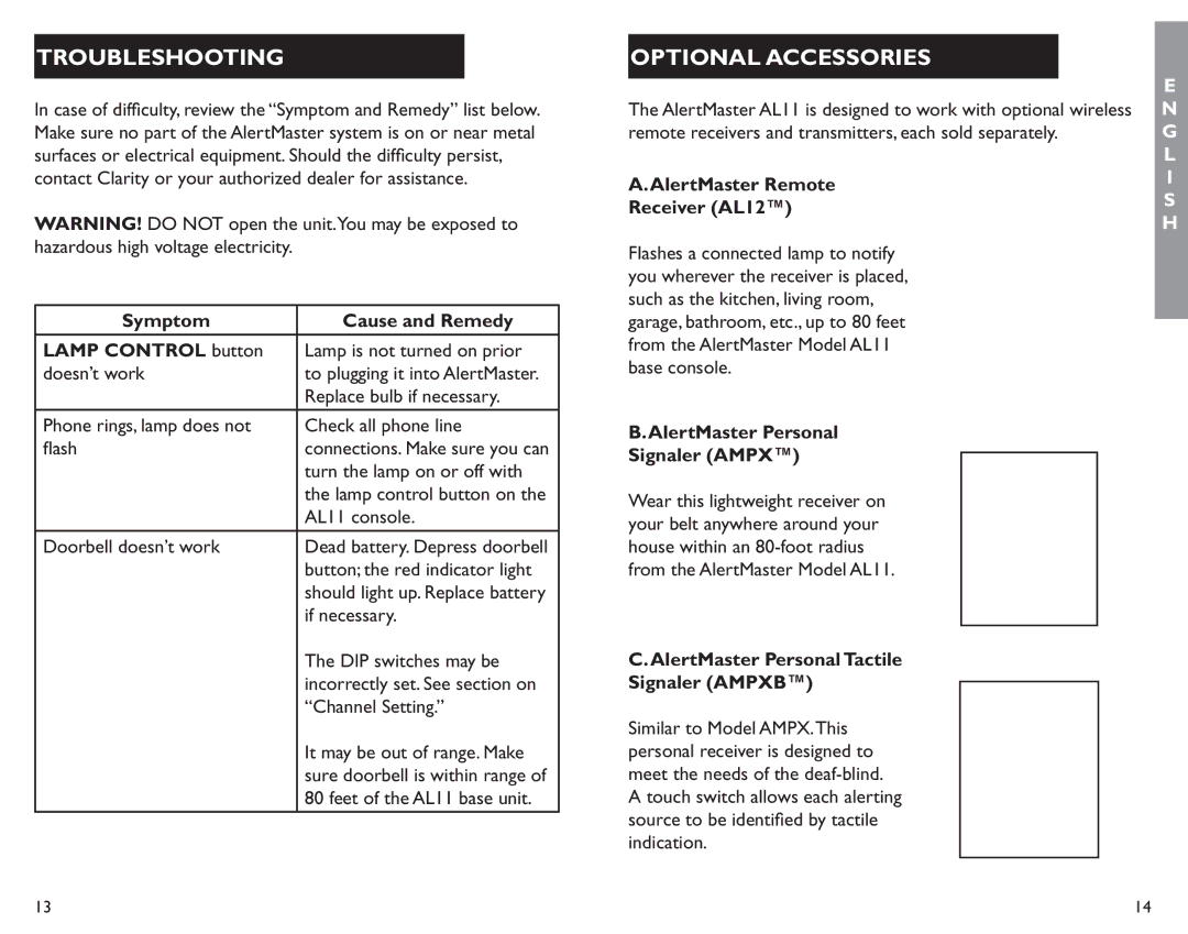 Clarity AL11 manual Troubleshooting, Optional Accessories 