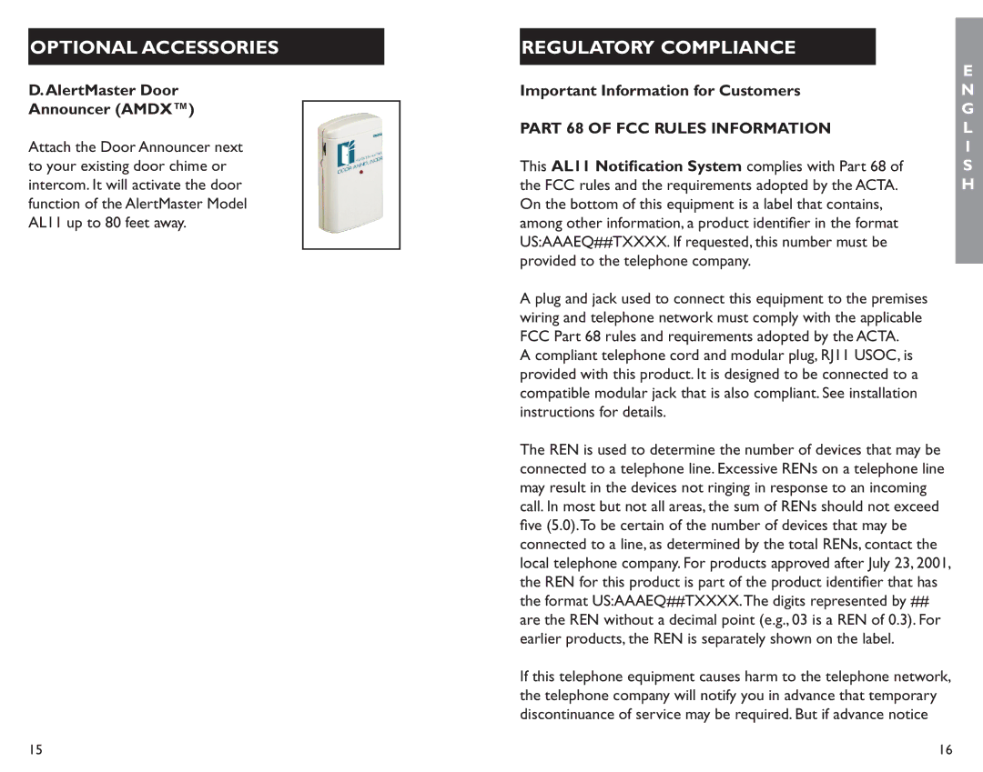 Clarity AL11 manual Regulatory Compliance, AlertMaster Door Announcer Amdx, Important Information for Customers 