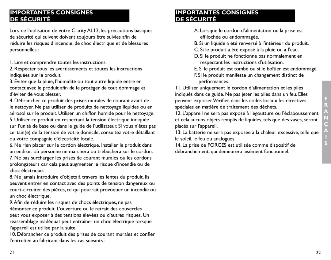 Clarity AL12 manual Importantes Consignes DE Sécurité, Spéciales en matière de traitement des déchets 