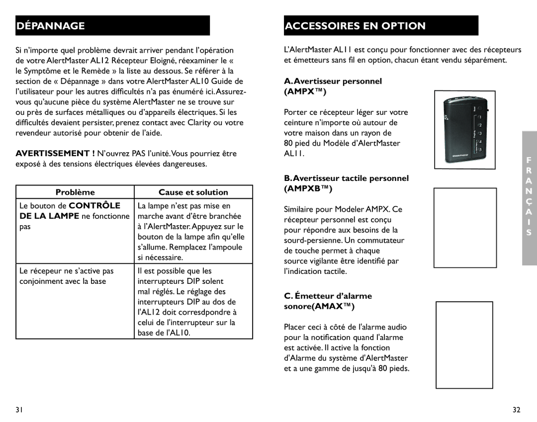 Clarity AL12 manual Dépannage, Accessoires EN Option 