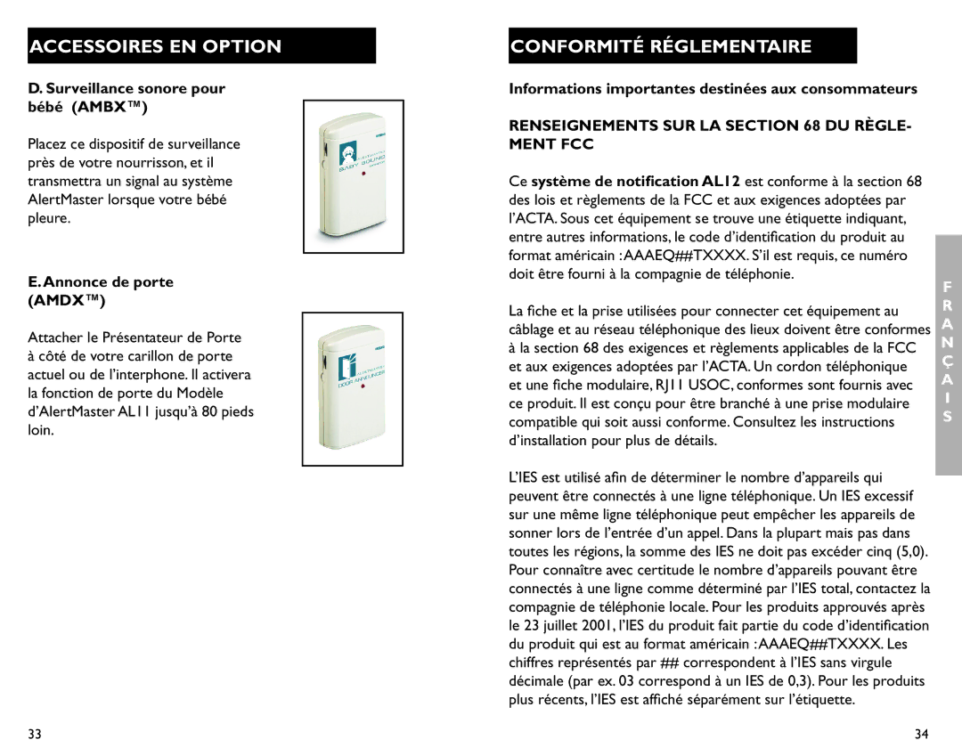 Clarity AL12 manual Conformité Réglementaire, Surveillance sonore pour bébé Ambx, Annonce de porte Amdx 