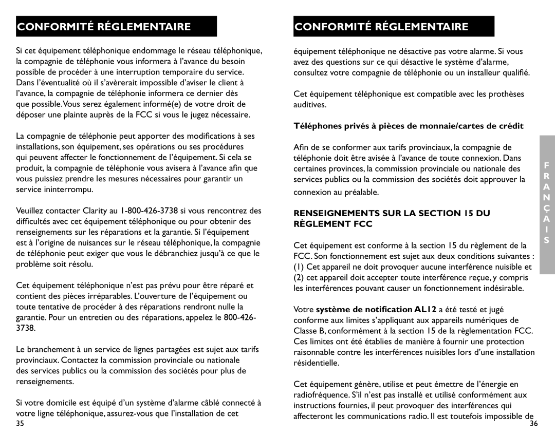 Clarity AL12 manual Renseignements SUR LA DU Règlement FCC 