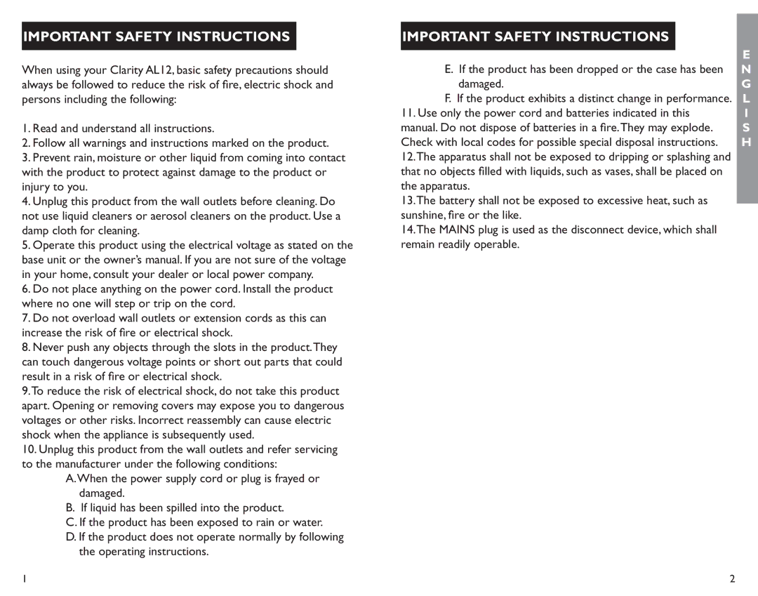 Clarity AL12 manual Important Safety Instructions 