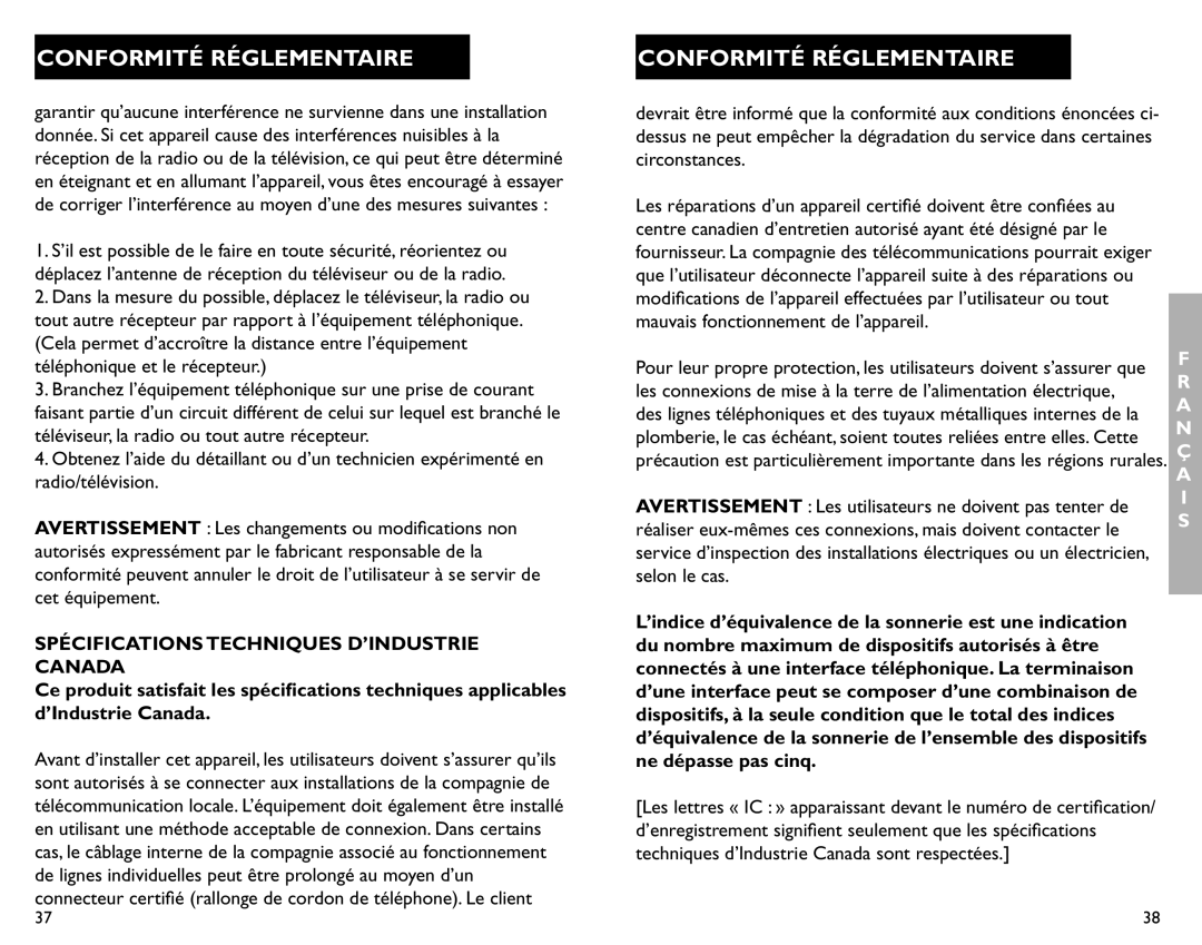 Clarity AL12 manual Spécifications Techniques D’INDUSTRIE Canada 