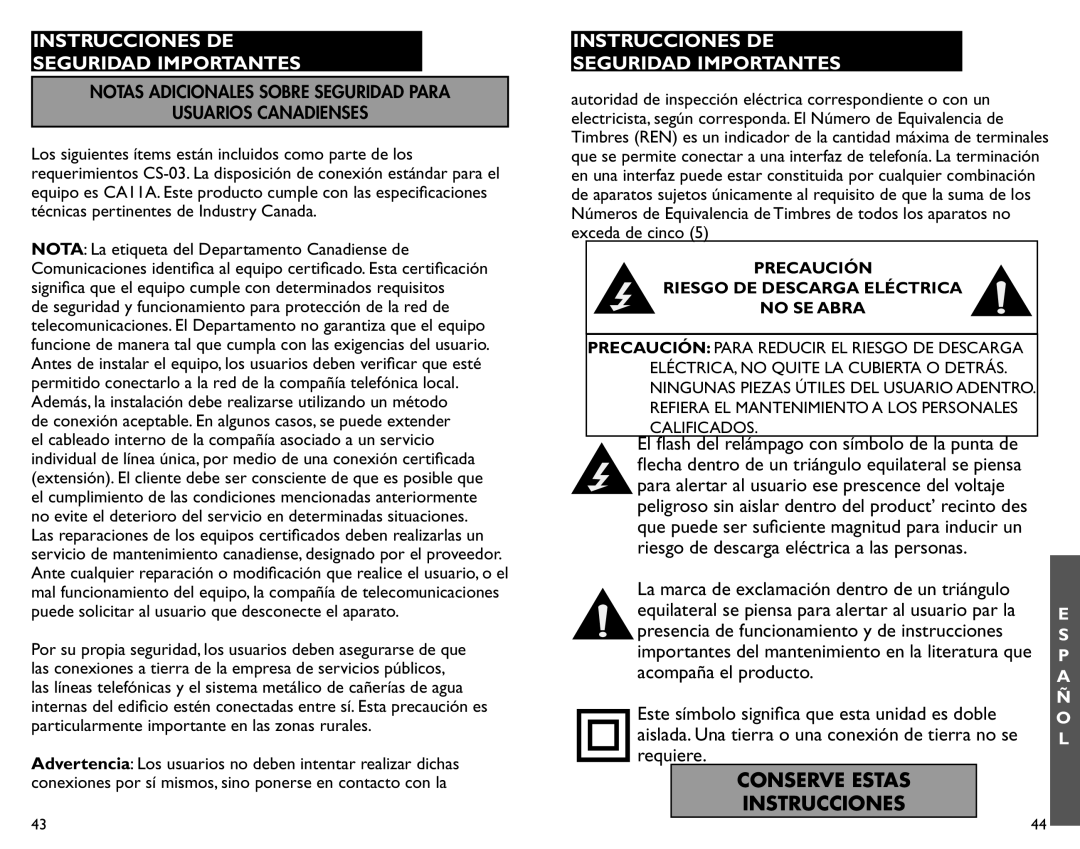 Clarity AL12 manual Notas Adicionales Sobre Seguridad Para Usuarios Canadienses 