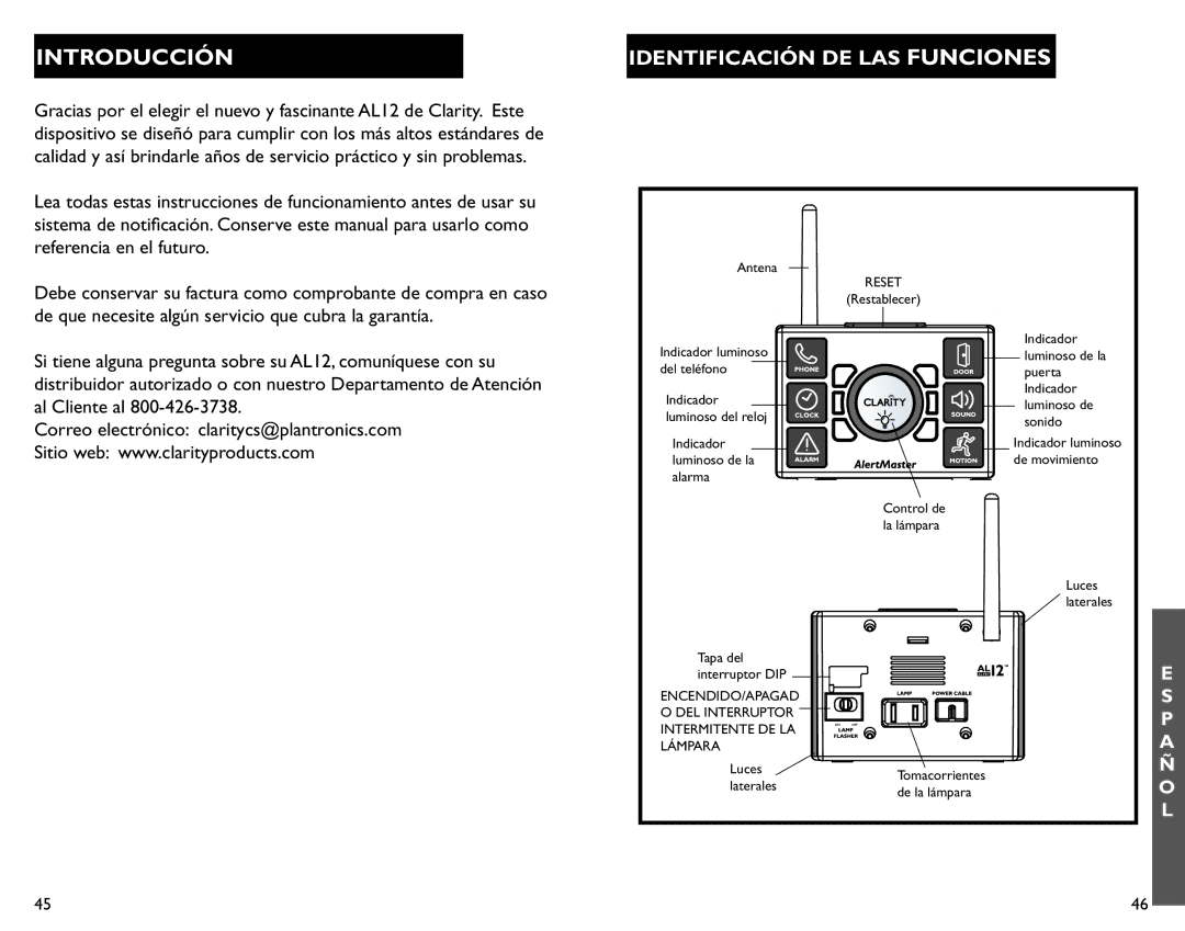 Clarity AL12 manual Introducción, Identificación DE LAS Funciones 