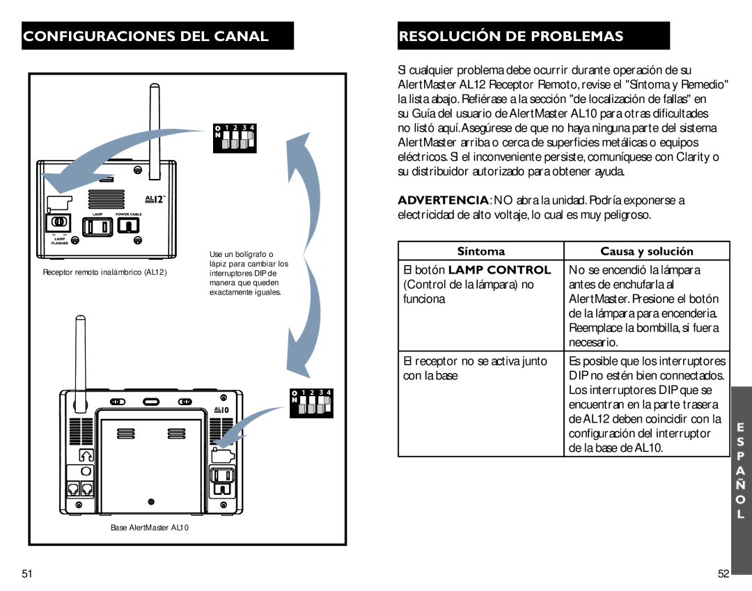 Clarity AL12 manual Resolución DE Problemas, Síntoma Causa y solución El botón Lamp Control 