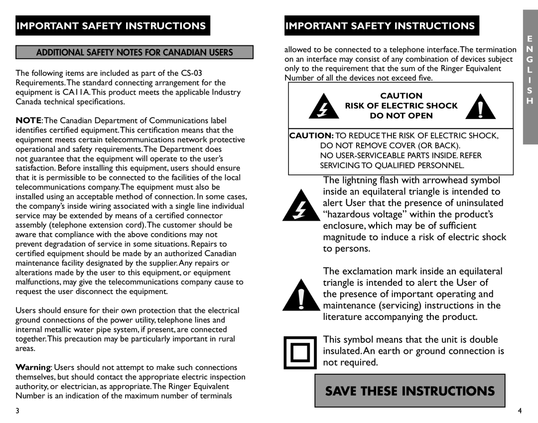 Clarity AL12 manual Additional Safety Notes for Canadian Users, Risk of Electric Shock Do not Open 