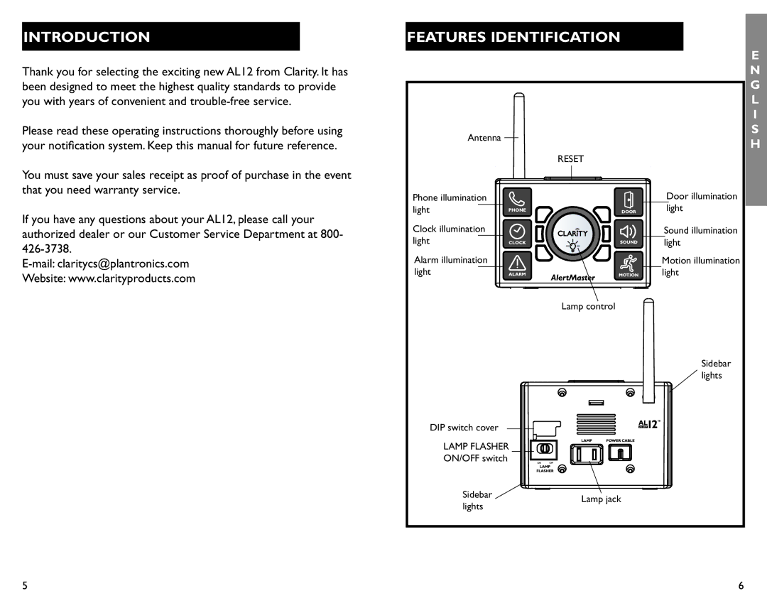 Clarity AL12 manual Introduction, Features Identification 