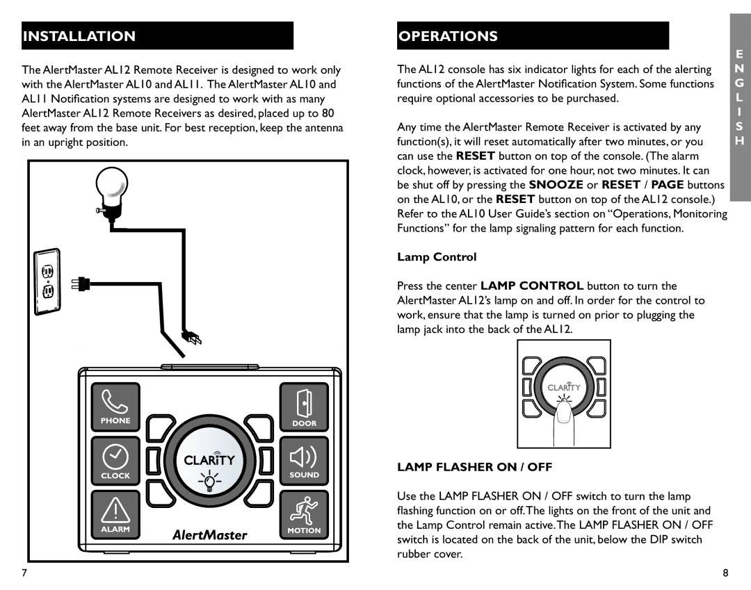 Clarity AL12 manual Installation, Operations, Lamp Control, Lamp Flasher on / OFF 