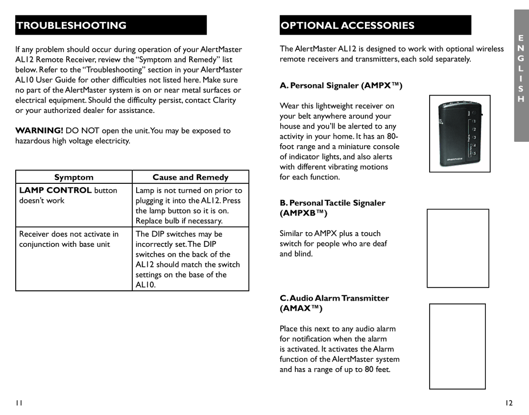 Clarity AL12 manual Troubleshooting, Optional Accessories, Ampxb 