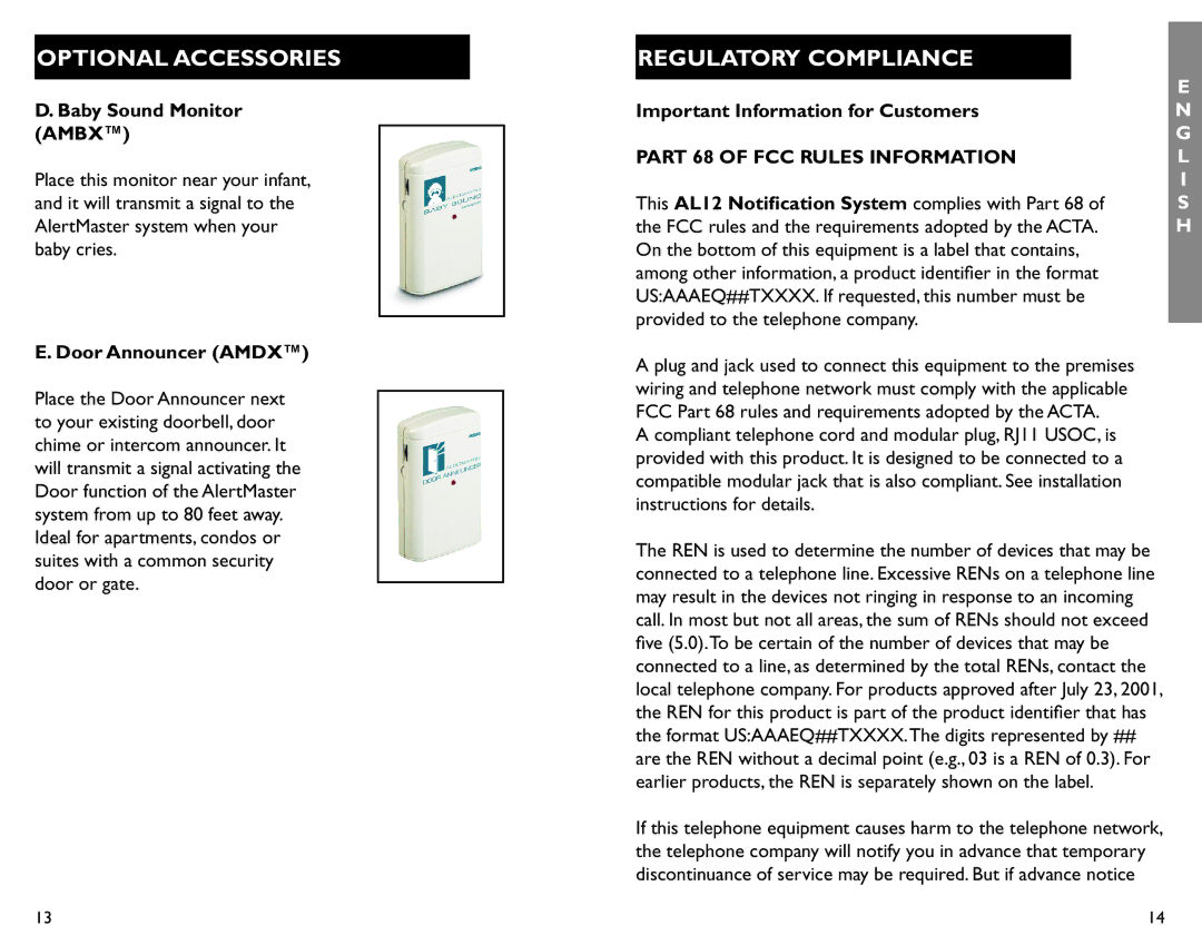 Clarity AL12 Regulatory Compliance, Baby Sound Monitor Ambx, Door Announcer Amdx, Important Information for Customers 