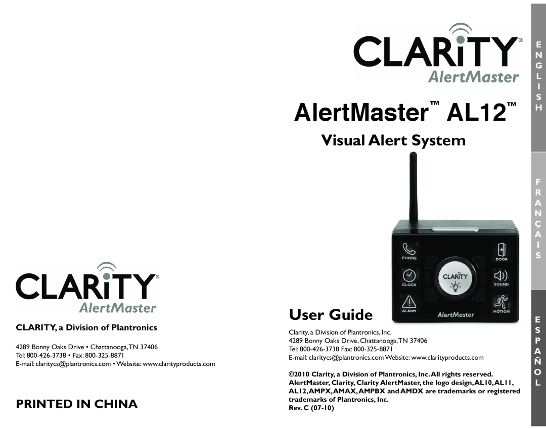 Clarity manual AlertMaster AL12 H, Visual Alert System, User Guide, CLARITY, a Division of Plantronics, Rev. C 