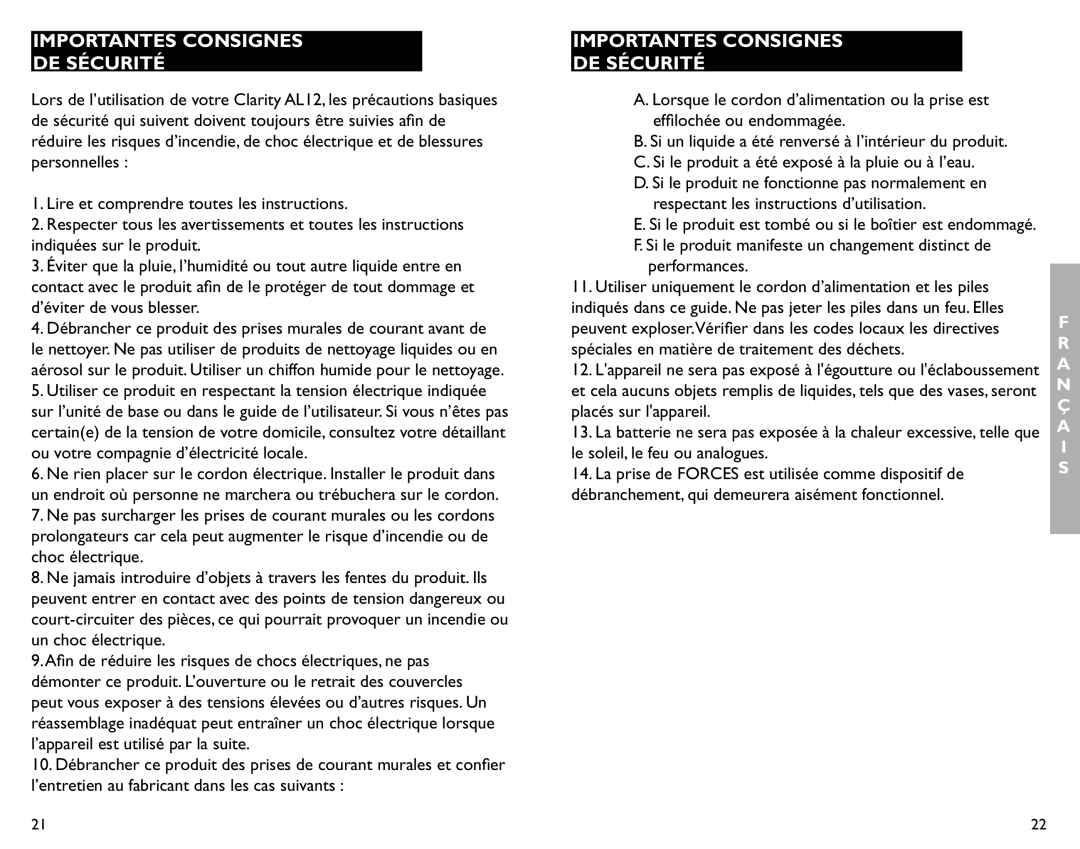 Clarity AL12 manual Importantes Consignes De Sécurité 