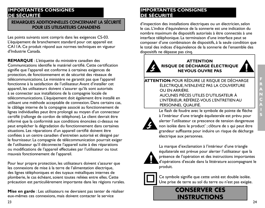 Clarity AL12 manual Conserver Ces Instructions, Importantes Consignes De Sécurité 