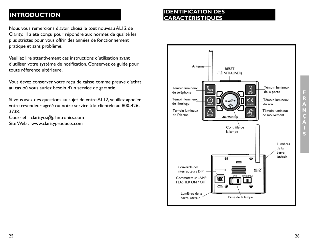Clarity AL12 manual Introduction, Identification Des, Caractéristiques 