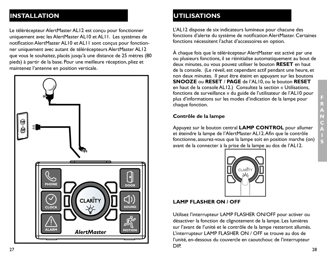 Clarity AL12 manual Utilisations, Installation, Contrôle de la lampe, Lamp Flasher On / Off 