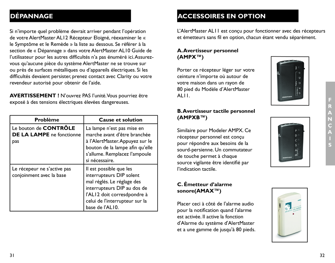 Clarity AL12 manual Dépannage, Accessoires En Option, Problème, Cause et solution, A.Avertisseur personnel AMPX, Ampxb 