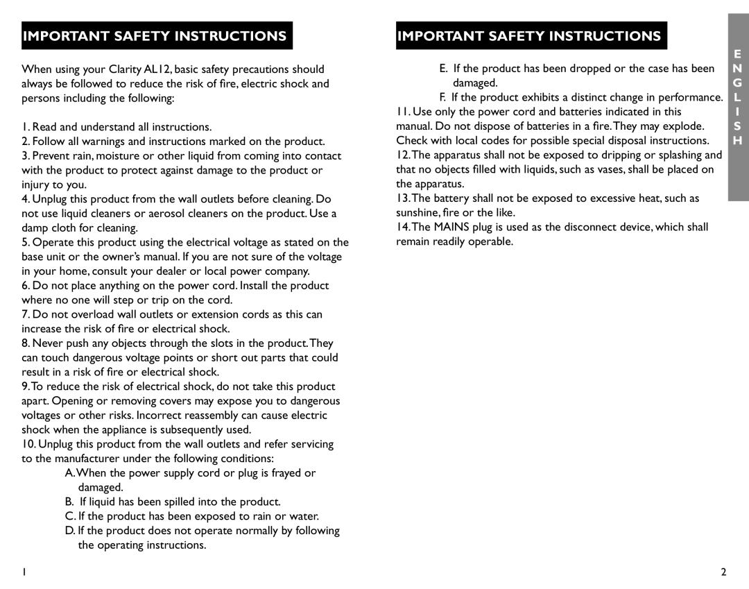 Clarity AL12 manual Important Safety Instructions, damaged 