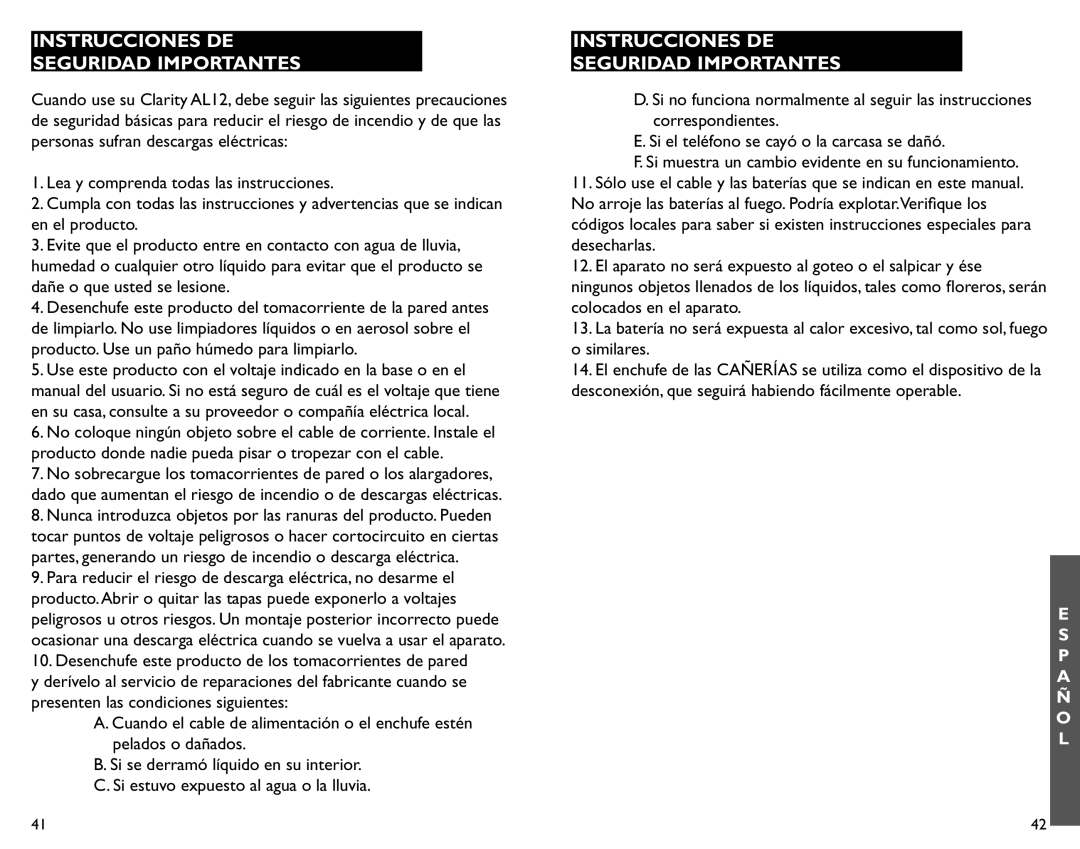 Clarity AL12 manual Instrucciones De Seguridad Importantes, E S P A Ñ O L 