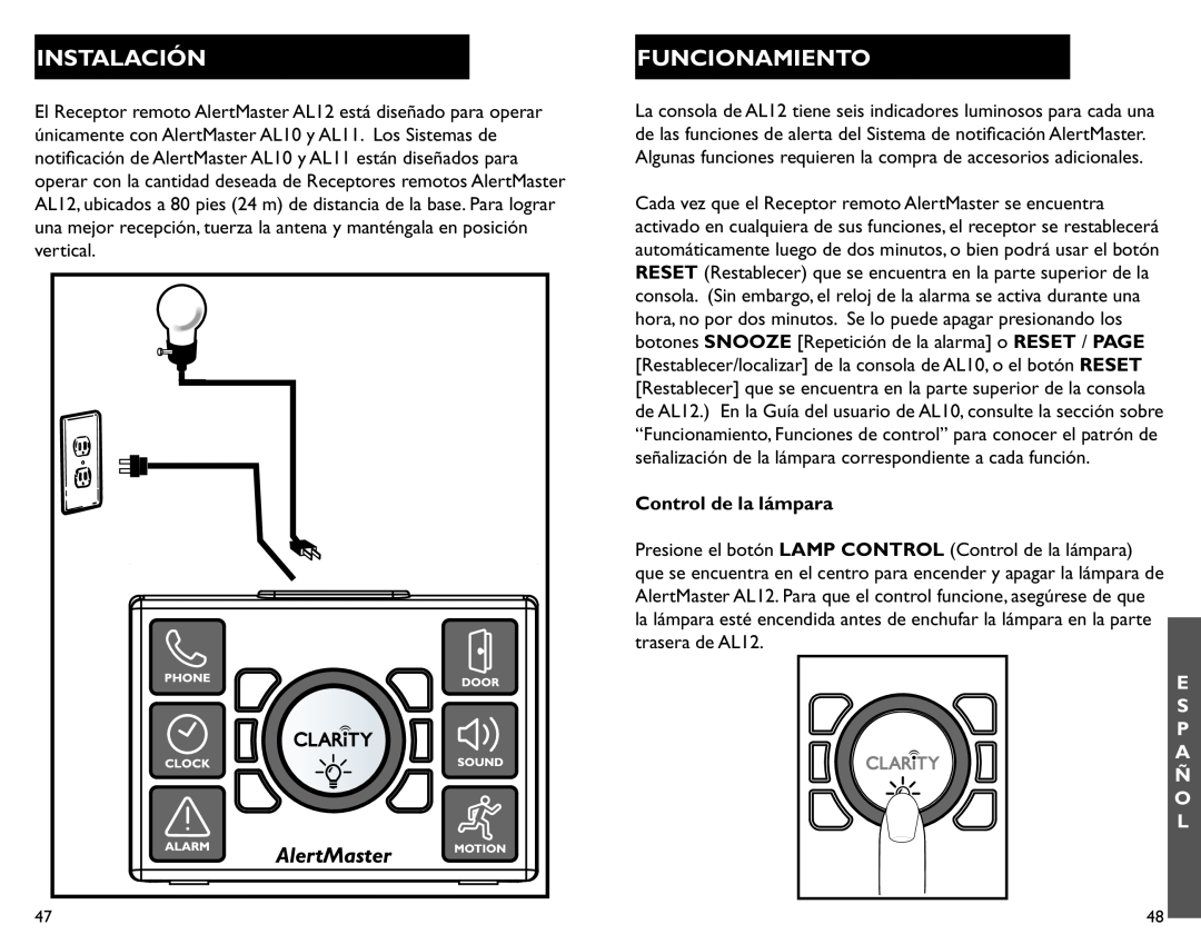 Clarity AL12 manual Instalación, Funcionamiento, Control de la lámpara 