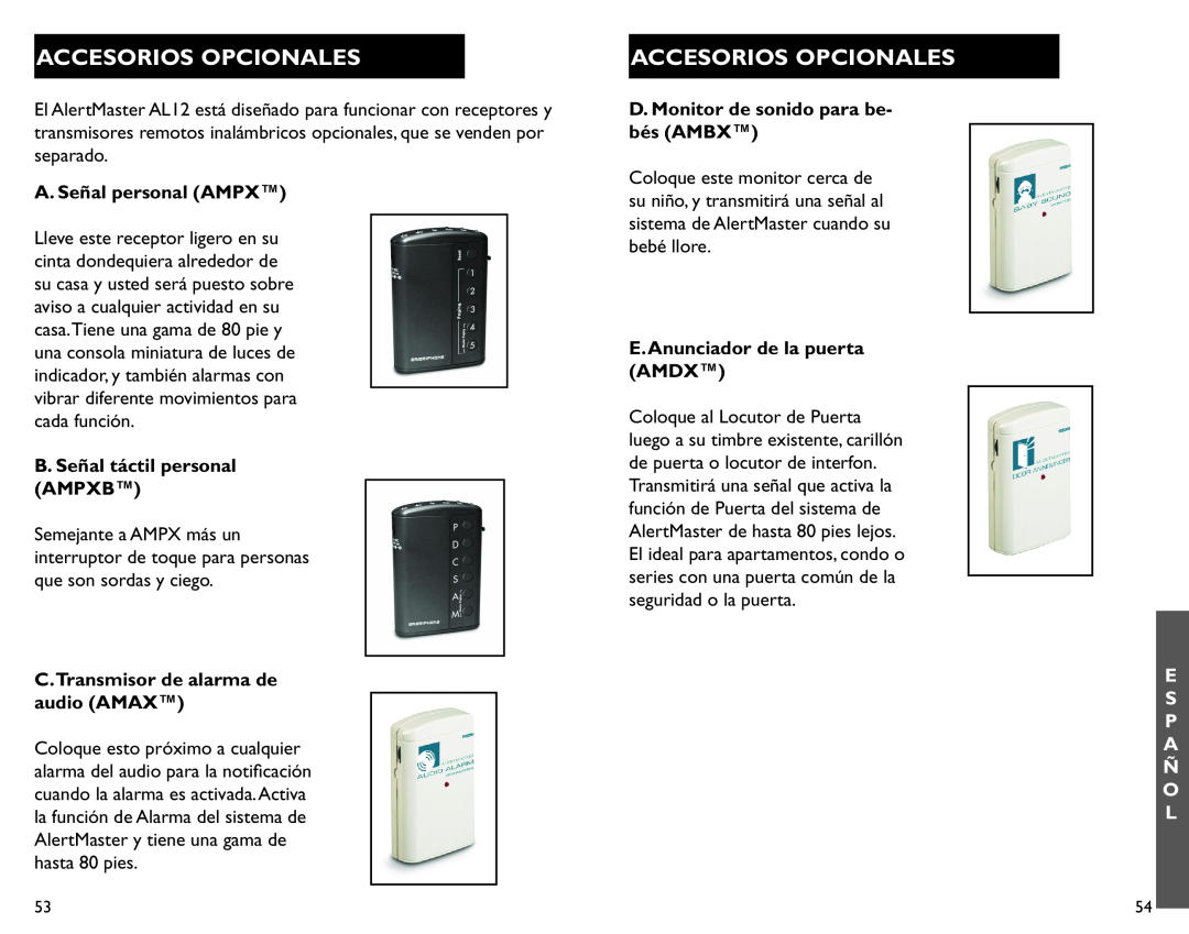 Clarity AL12 Accesorios Opcionales, A. Señal personal AMPX, B. Señal táctil personal AMPXB, E.Anunciador de la puerta AMDX 