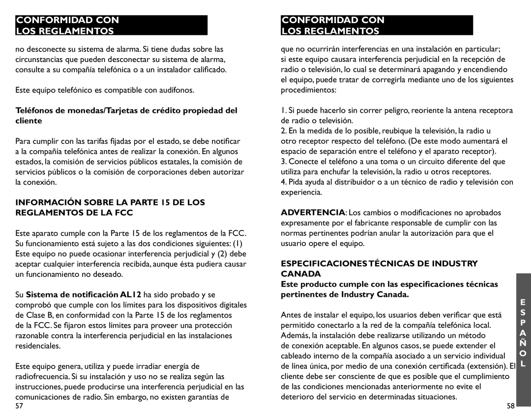 Clarity AL12 manual Conformidad Con Los Reglamentos, Especificaciones Técnicas De Industry 