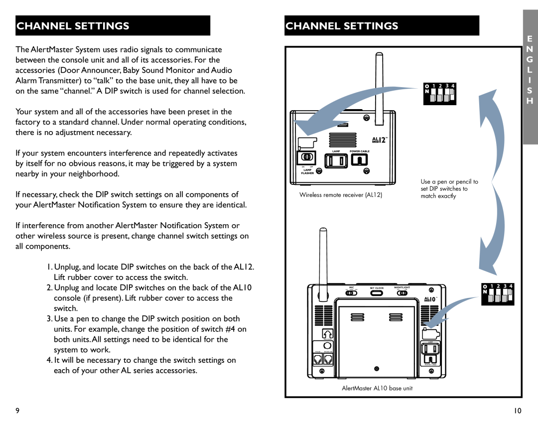Clarity AL12 manual Channel Settings, E N G L I S H 