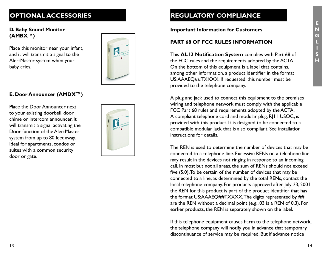 Clarity AL12 manual Regulatory Compliance, Optional Accessories, D. Baby Sound Monitor AMBX, E. Door Announcer AMDX 