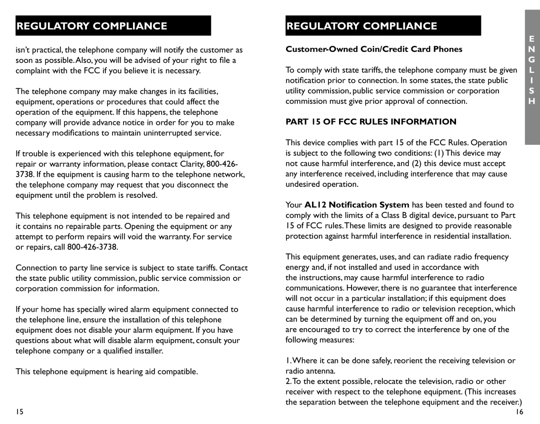 Clarity AL12 manual Regulatory Compliance, Customer-OwnedCoin/Credit Card Phones, PART 15 OF FCC RULES INFORMATION 