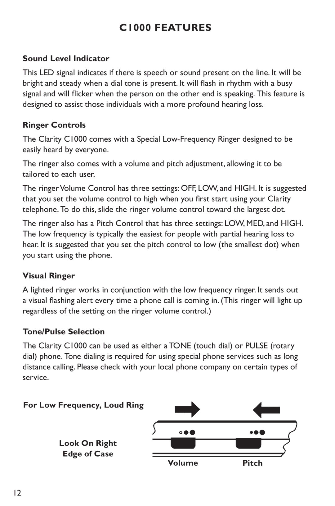 Clarity C1000 manual Sound Level Indicator, Ringer Controls, Visual Ringer, Tone/Pulse Selection 