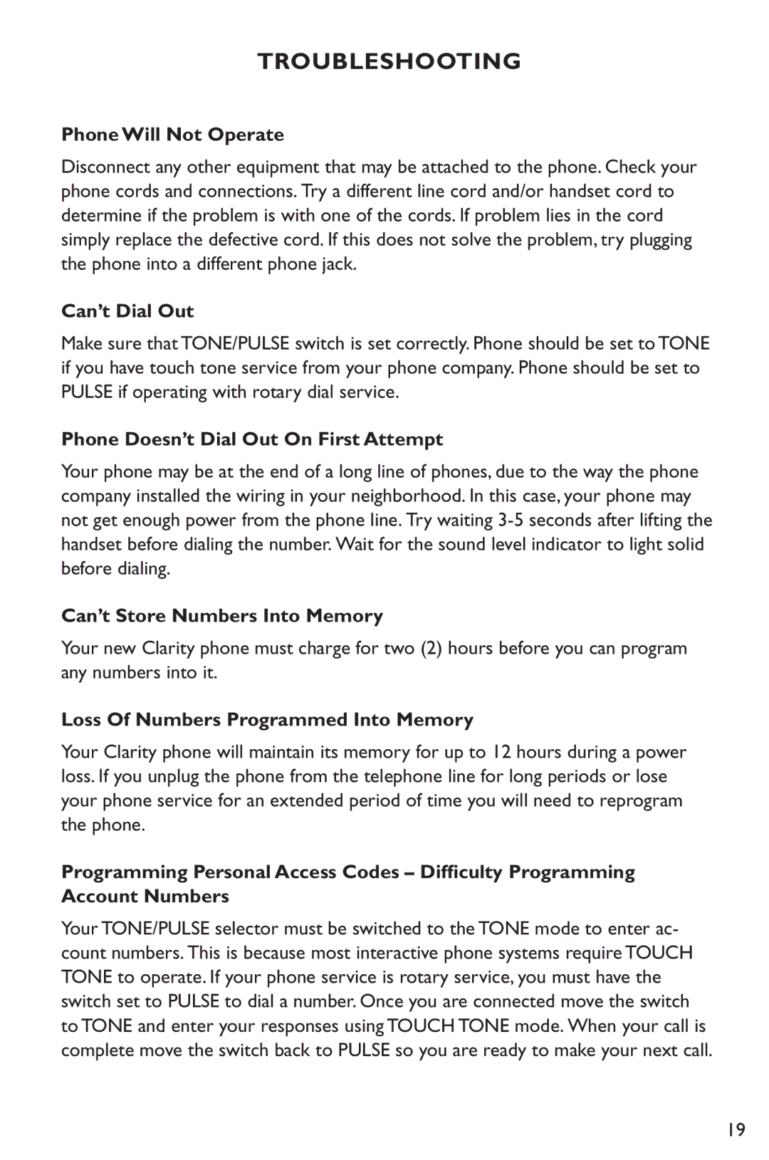 Clarity C1000 manual Troubleshooting 