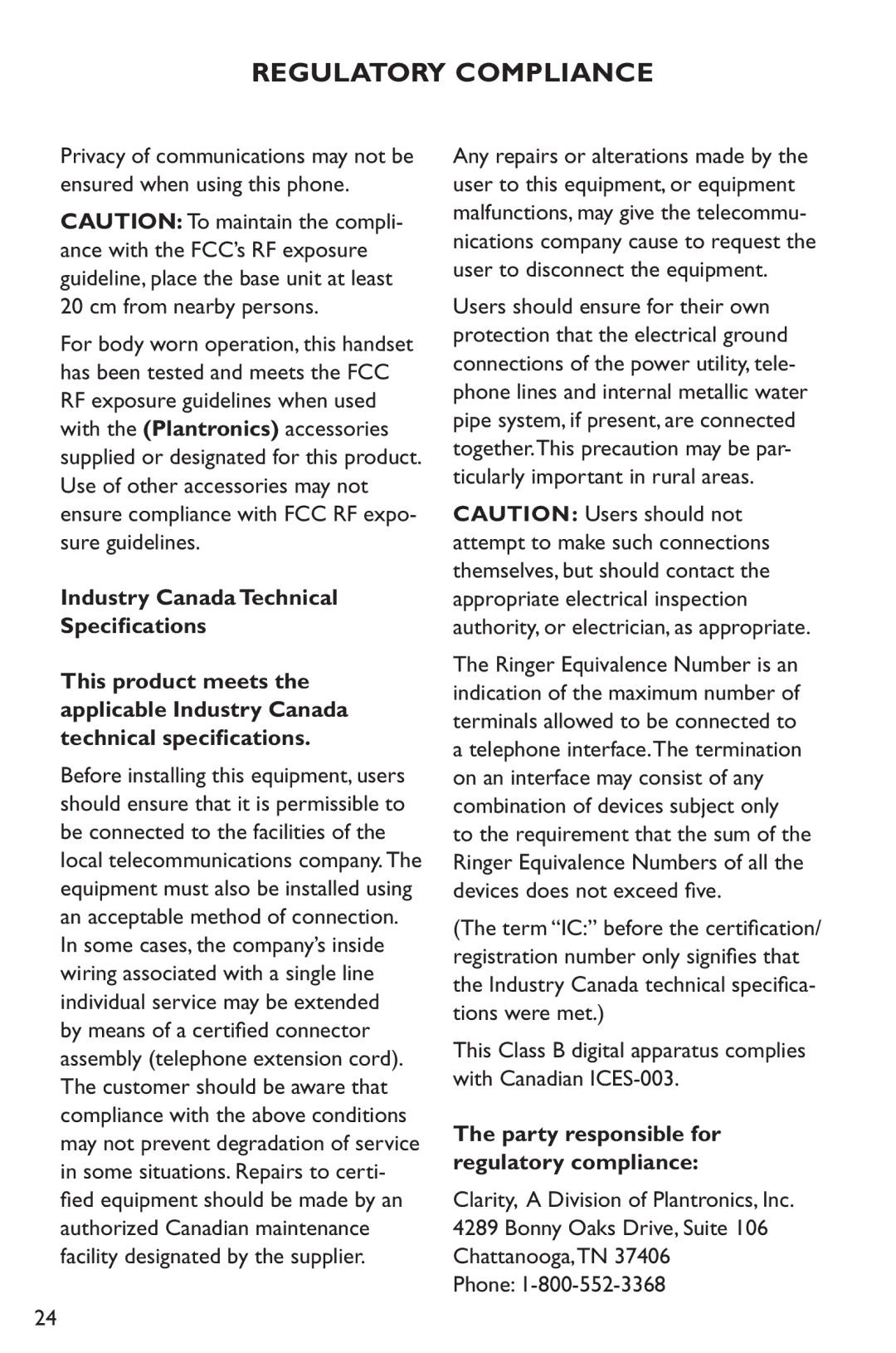 Clarity C1000 manual Party responsible for regulatory compliance 