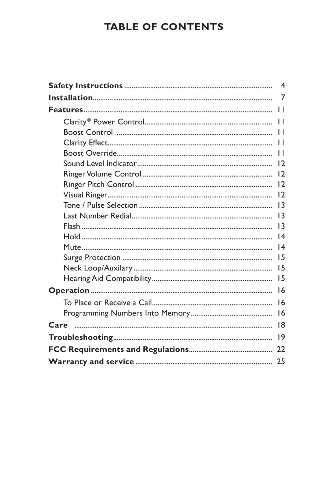 Clarity C1000 manual Table of Contents 