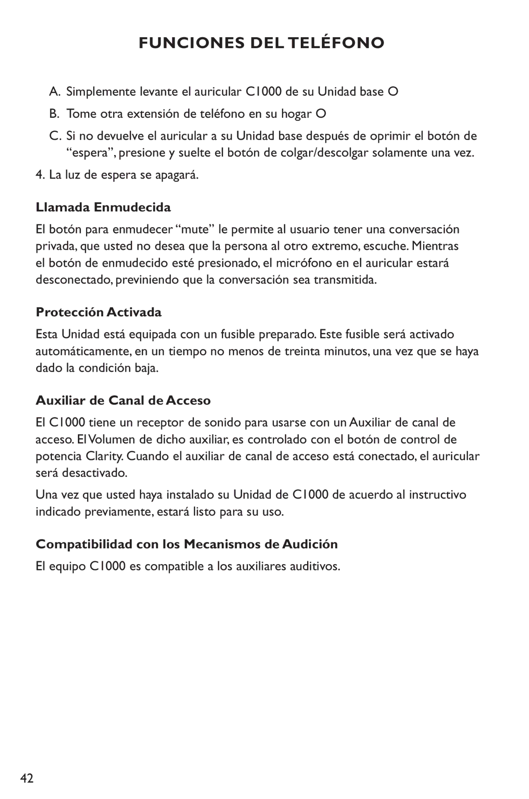 Clarity C1000 manual Llamada Enmudecida, Protección Activada, Auxiliar de Canal de Acceso 