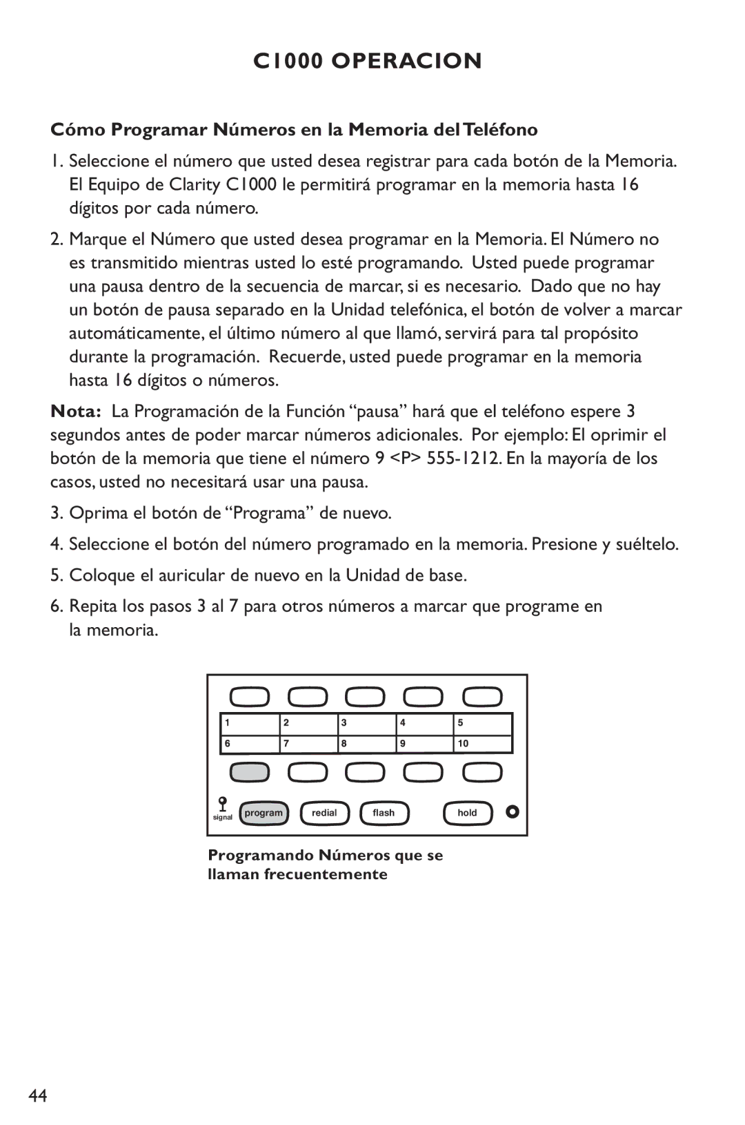 Clarity C1000 manual Cómo Programar Números en la Memoria del Teléfono 