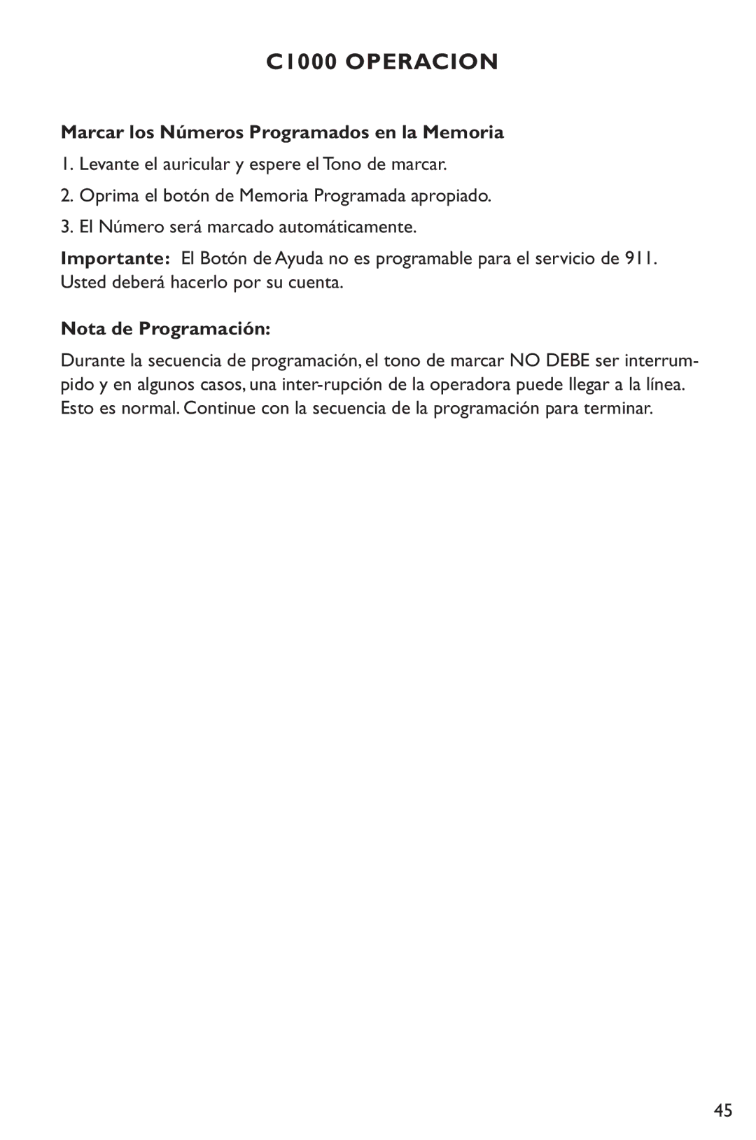 Clarity C1000 manual Marcar los Números Programados en la Memoria, Nota de Programación 