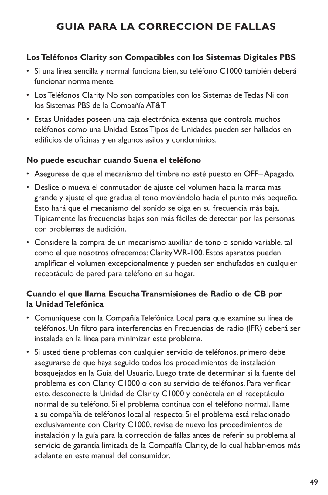 Clarity C1000 manual No puede escuchar cuando Suena el teléfono 