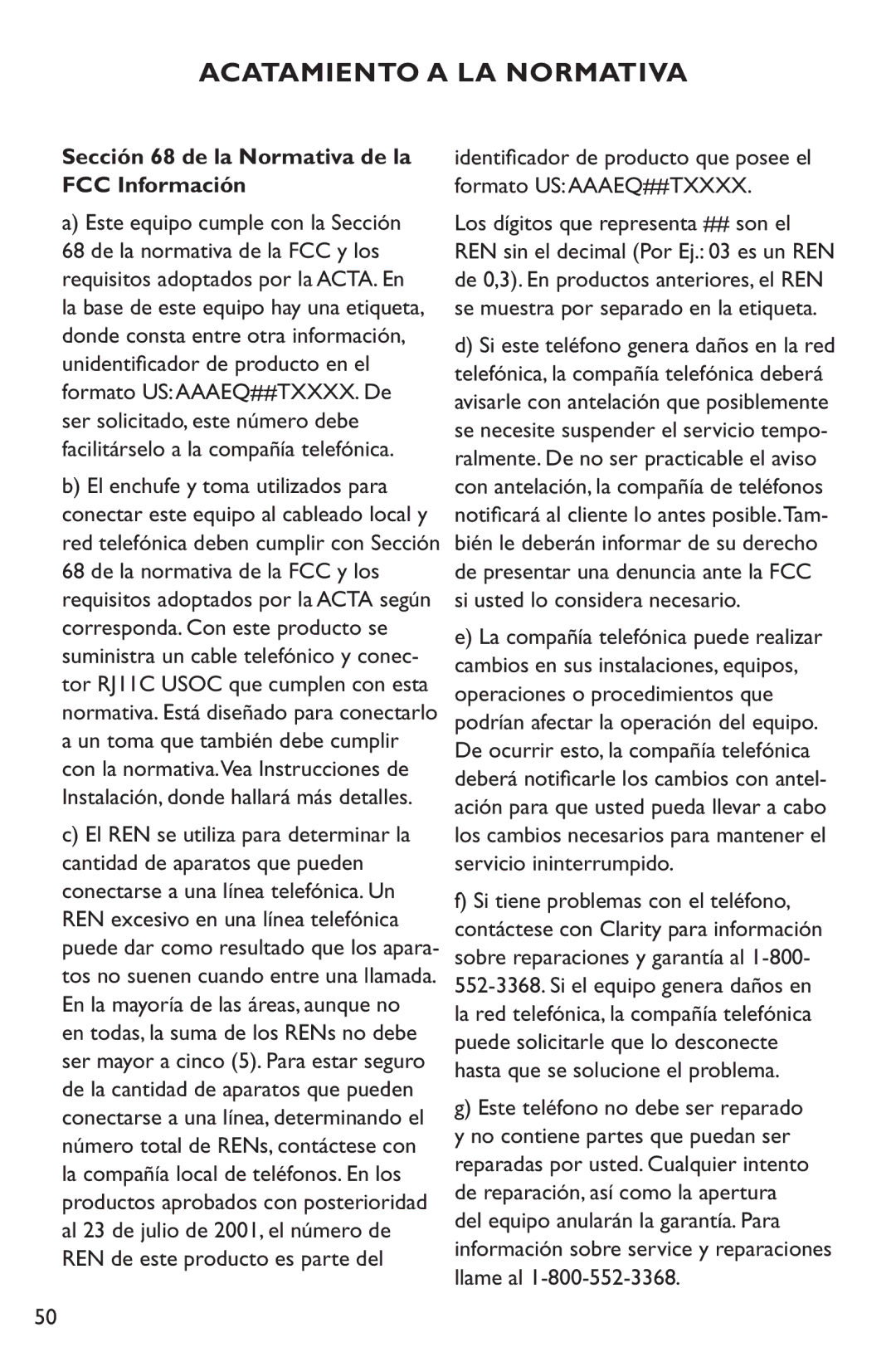 Clarity C1000 manual Acatamiento a la Normativa, Sección 68 de la Normativa de la FCC Información 