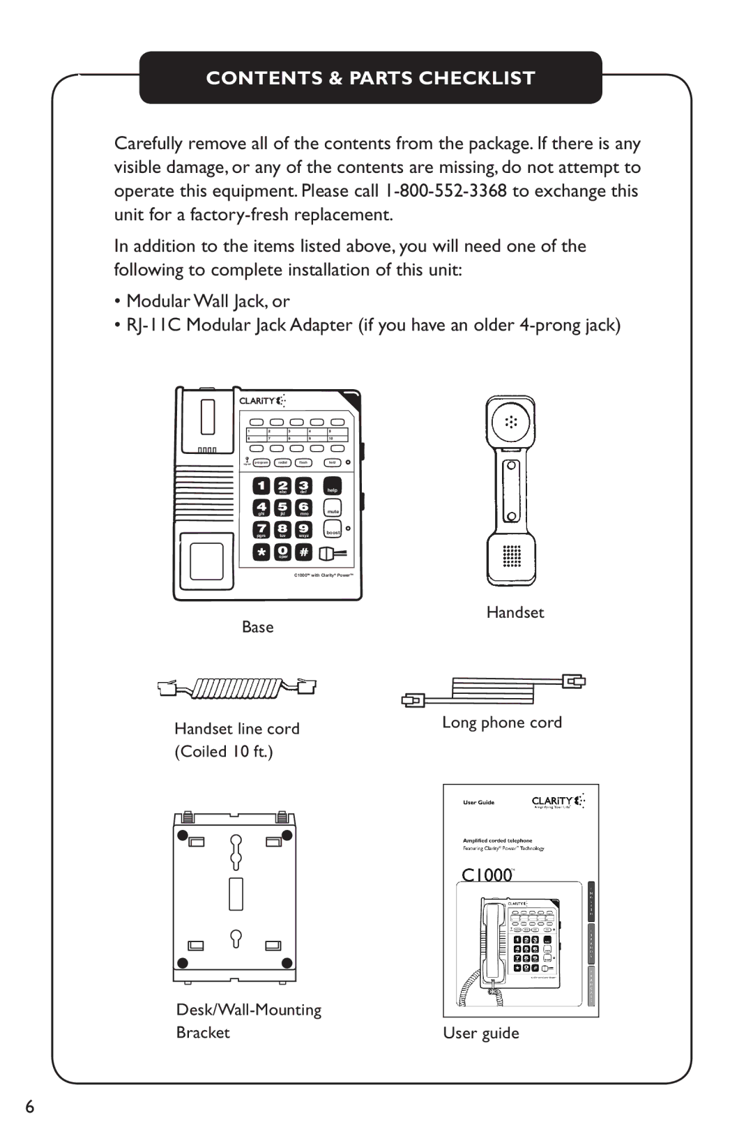 Clarity C1000 manual Contents & Parts Checklist 