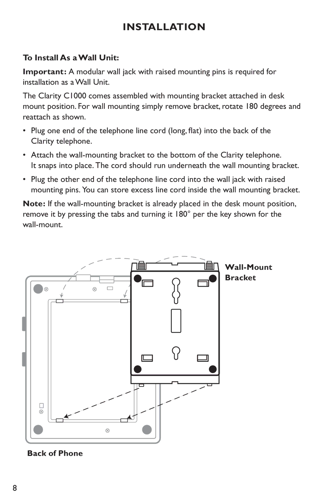 Clarity C1000 manual To Install As a Wall Unit, Wall-Mount Bracket Back of Phone 